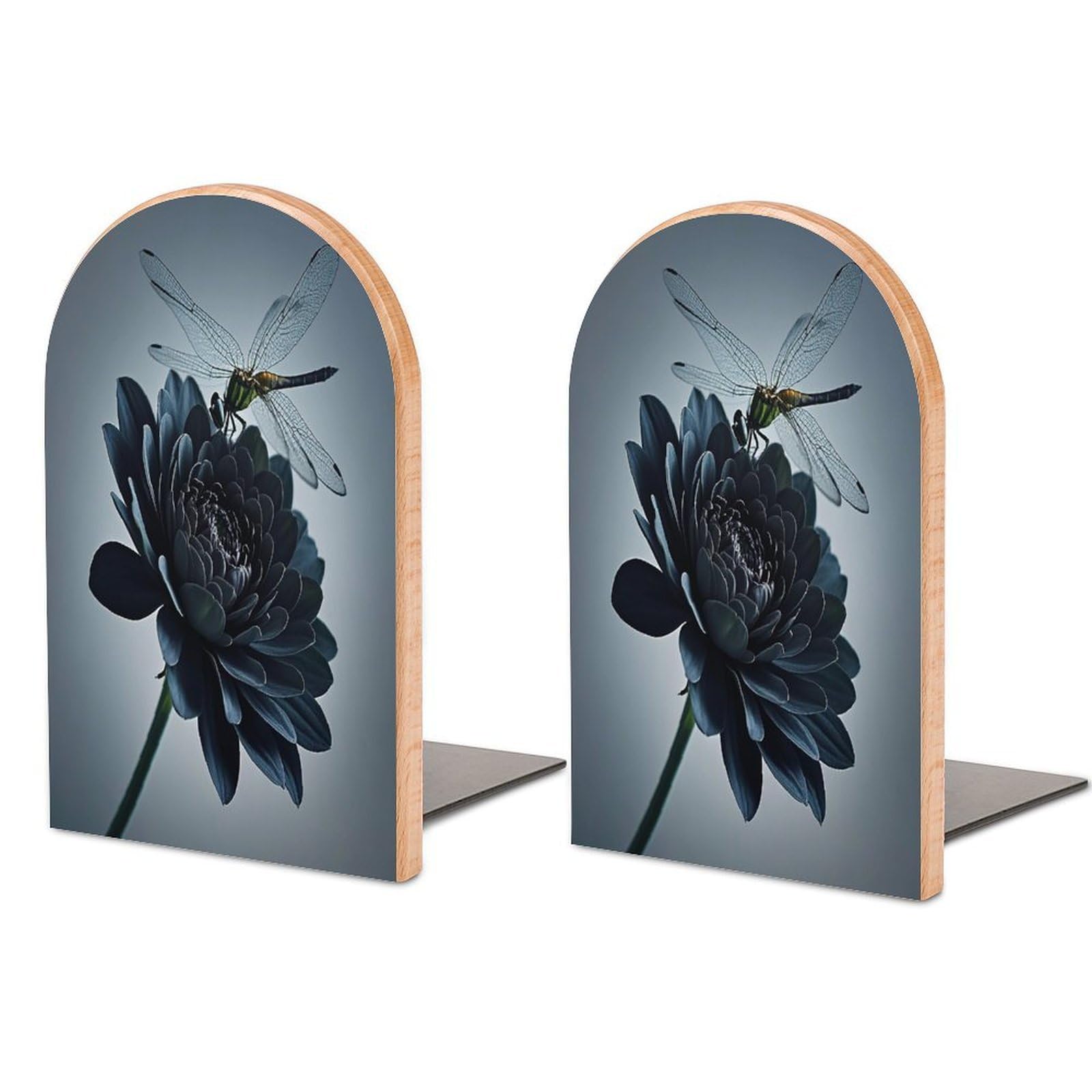 Black Flowers and Dragonfly Bookend for Shelves Wooden Book End Sturdy Book Holders Stoppers with Metal Base for Bookshelves Slick Decorative Bookends Stands