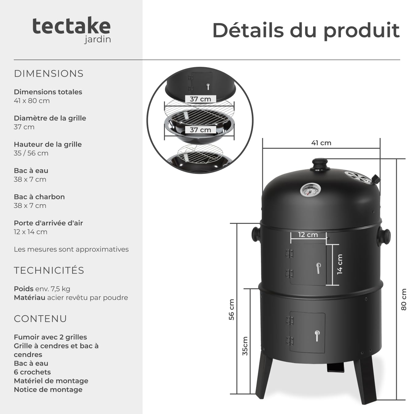 tectake® Barbecue Grill XL BBQ à Charbon Smoker Fumoir Viande et Poisson 3 en 1, 3 étages avec Roues et Thermomètre intégré pour Cuisine à la vapeur Cuisine extérieure