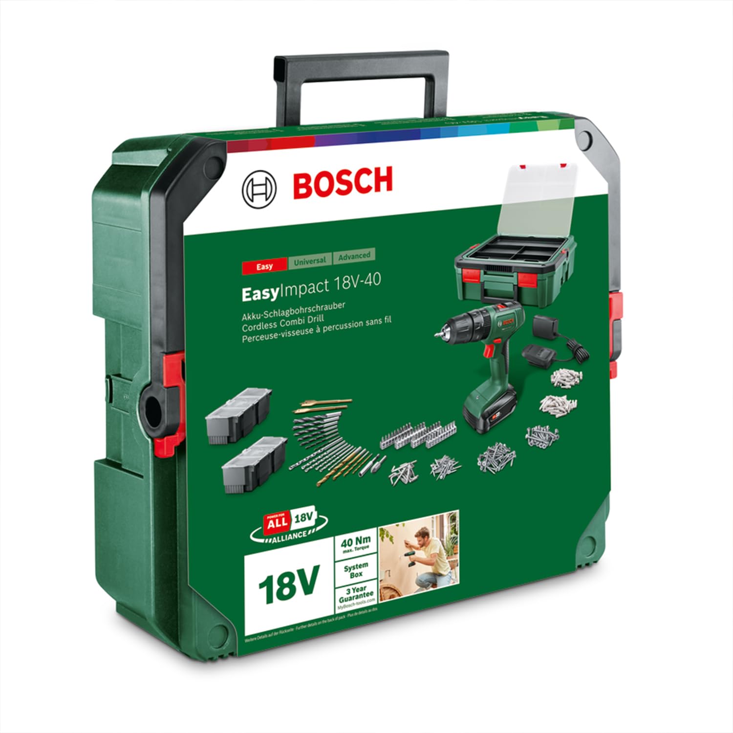 Bosch Perceuse-Visseuse À Percussion Sans Fil - Easyimpact 18V-40 (Vissage, Perçage Dans Le Bois, Métal Ou Plastique ; Perçage Avec Percussion Dans La Maçonnerie ; 241 Accessoires; 1 Bat 1.5 Ah)