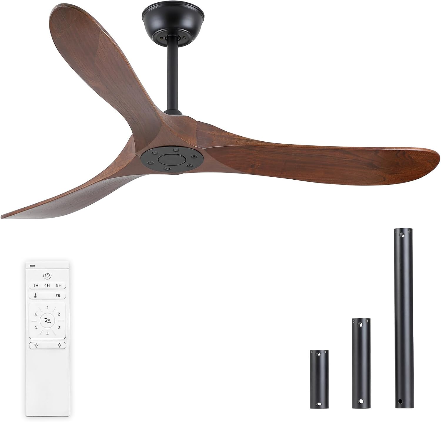 Walnut Wood 52" Ceiling Fan No Light, 6-Speed, Reversible 3 Blades, Timed Shutdown, Silent DC Motor, for Bedroom, Porch and Living Room