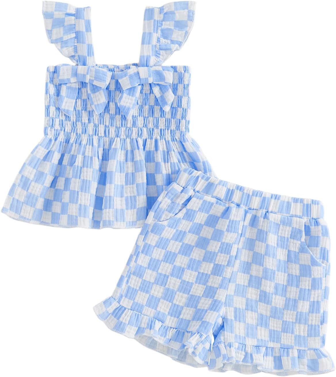 Toddler Baby Girl Outfit Summer Clothes Bow Print Bowknot Smocked Camisole Tank Top Ruffle Shorts Set