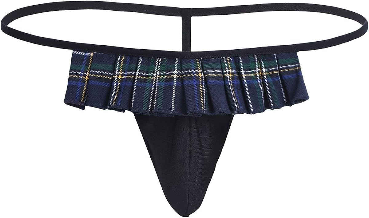 CHICTRY Men's Plaid Skirted Underwear Scottish Kilt Pouch Gstring Lingerie Black XLarge