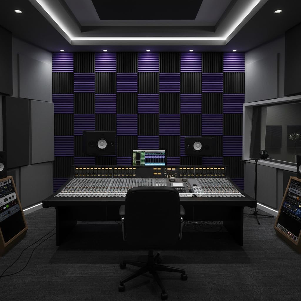 52 Pack 12 "X 12 "X1 Black/Purple Acoustic Panels Studio Soundproofing Foam Wedge Tiles(Accompanied By Double-Sided Adhesive Tape)