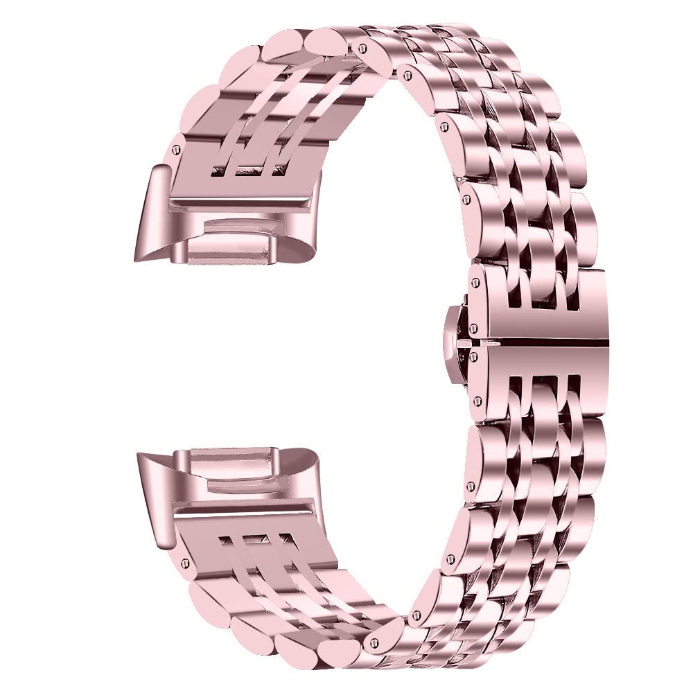 Gimuk Straps Compatible with Fitbit Charge 6 Strap for Women Men, Metal Stainless Steel Replacement Watch Band Strap Business Wristband Bracelet for Fitbit Charge 6/Charge 5 (Rose Pink)