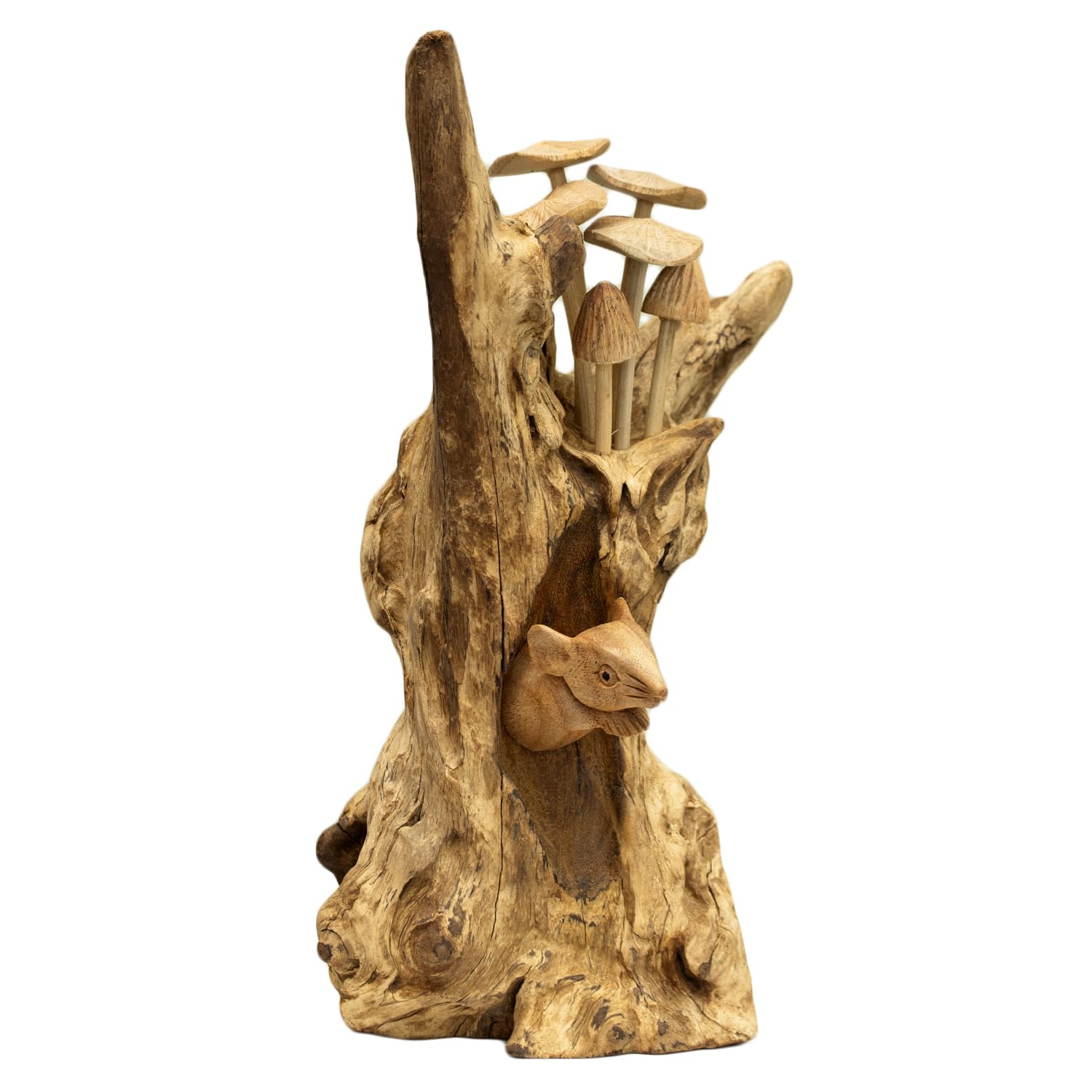 Darthome Brown Teak Root Hiding Mouse In Mushroom Sculpture, Rustic Woodland Wood Ornament, Hand Carved Natural Decor, 16X27x12cm