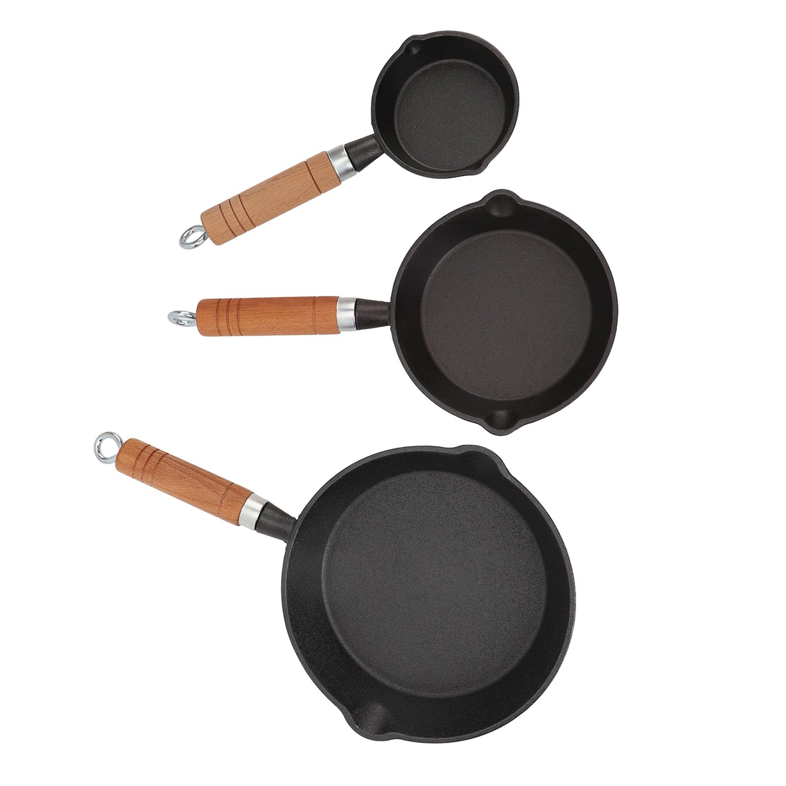EMUKOEP Mini-Pfannenset aus Gusseisen, Vorgebrannte, Antihaftbeschichtete Bratpfanne Zum Kochen mit Induktion, Lagerfeuer, Grill und mehr. 3-teiliges Pfannenset aus Gusseisen mit Holzgriff