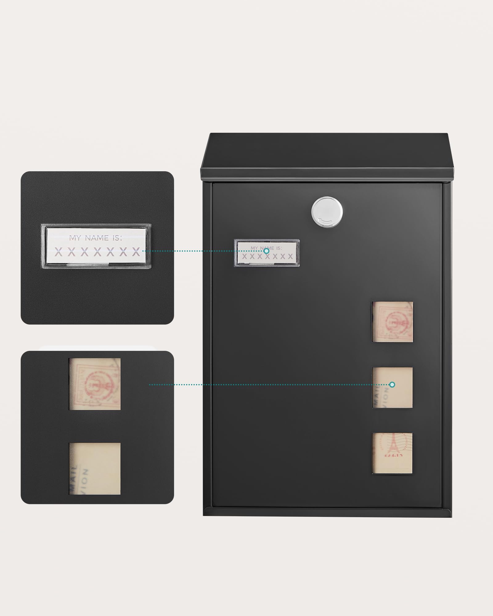 SONGMICS Cassetta Postale, Cassetta della Posta da Parete, con Finestrelle, Targhetta, Serratura con Copertura, Facile da Montare, Moderno, Nero GMB031B02