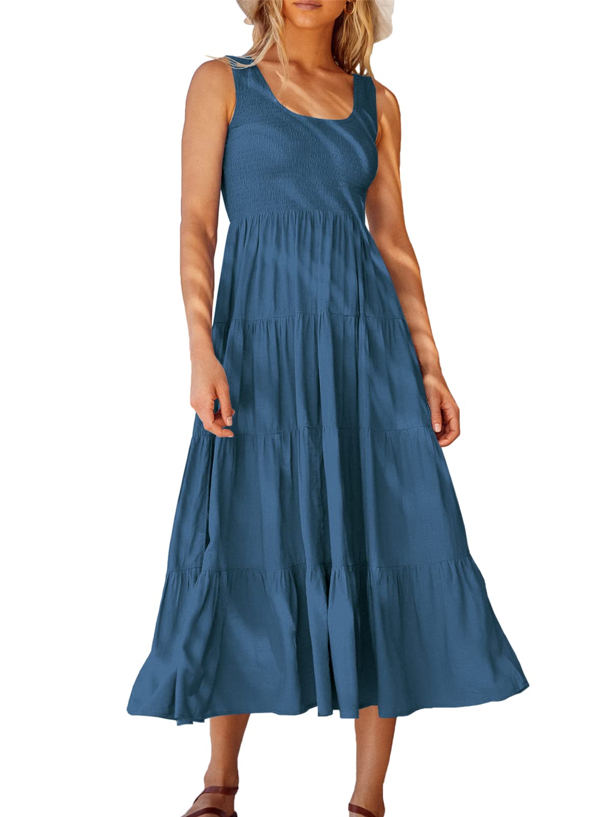 LOGENE Women's Summer Scoop Neck Sleevelesss Smocked Sundress Boho Ruffle Tiered Swing A Line Beach Midi Dress