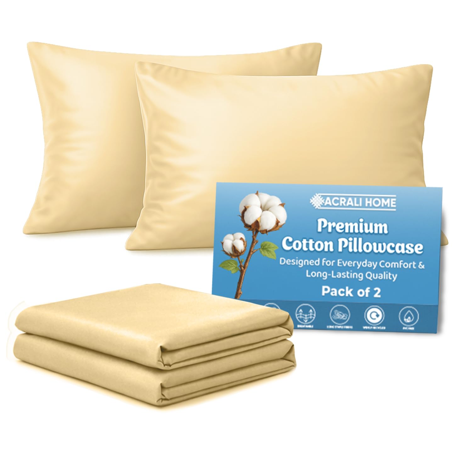 Acrali Home Yellow Egyptian Cotton Pillow Cases 2 Pack, Standard Size 50x75 cm - 200 Thread Count - Hotel Quality Super Soft, Breathable Pillow Covers with Envelope Closure