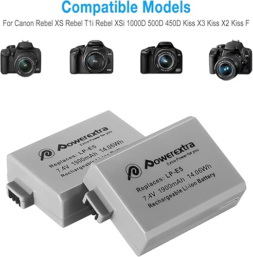 Miniatura 3 de Powerextra Paquete de 2 baterías LP E5 compatibles con Canon LP-E5 y cargador LCD de doble canal para Canon EOS Rebel XS Rebel T1i Rebel XSi 1000D