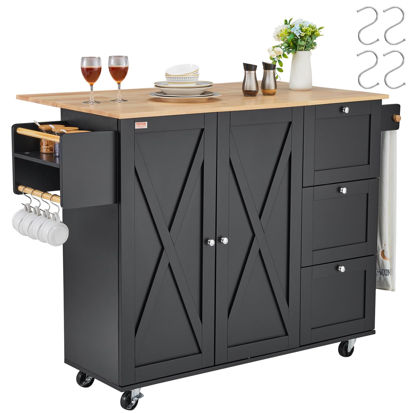 VEVOR Isla de Cocina Portátil con Ruedas, Carrito con Superficie de Madera, Gabinete de Almacenamiento, con Hojas Abatibles, Estante para Especias, Cajón y Ganchos, Negro, 1150 x 680 x 990 mm