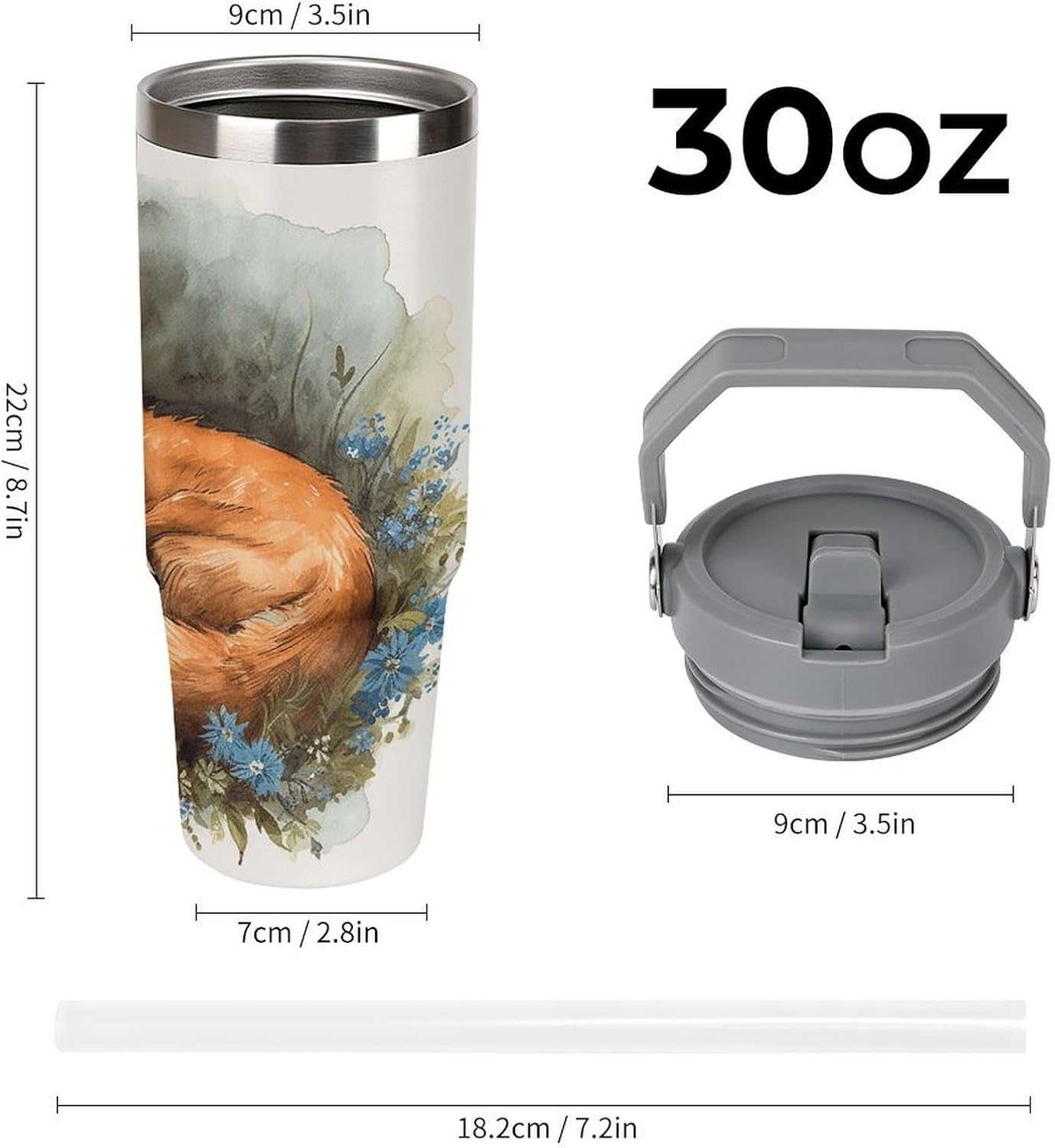 A Sleeping Fox Water Bottle 30 Oz Fits Car Cup Holder,Insulated Coffee Mug Large Capacity Car Cups,Stainless Steel Double Wall Sport Bottle for Travel Sports Gym