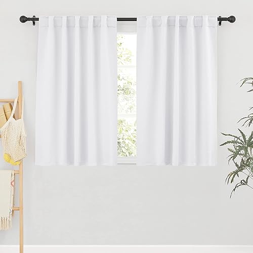 RYB HOME White Curtains Drapes - Room Darkening Window Curtains Thermal Insulated Bedroom Half Blackout Drapes for Living Room Kids Nursery, 42 x 45 inches Long, Pure White, 1 Pair
