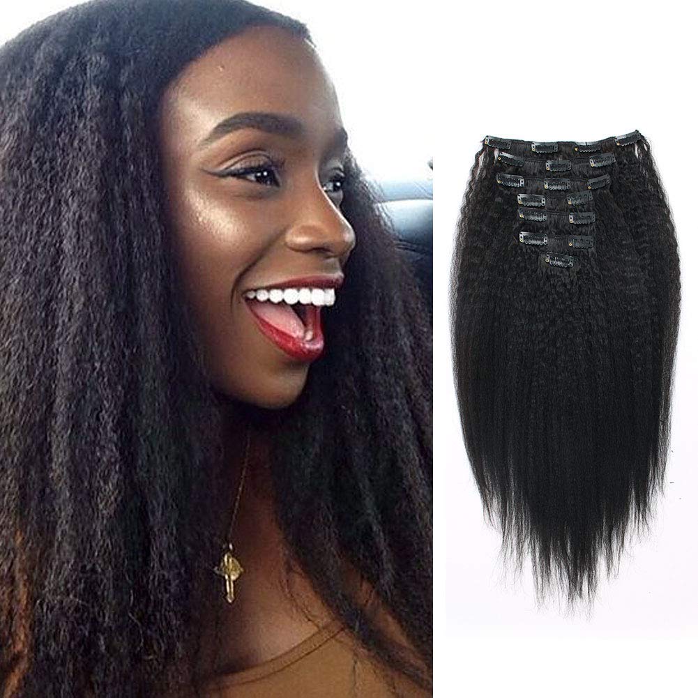 Lovrio Brazilian Straight Clip on Human Hair Extensions for African Americans, Double Wefts, 7Pcs 120g 14 Inch Natural Black Color