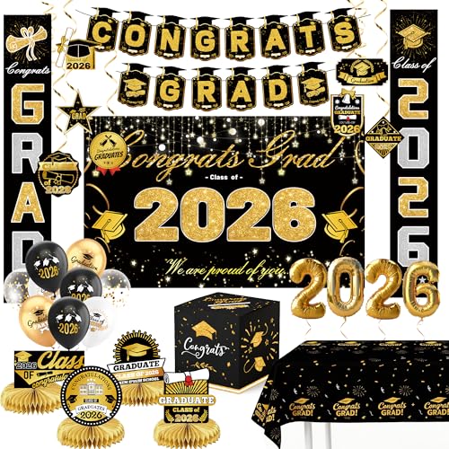 Sadoup Graduation Decorations 2026-Black and Gold Party Supplies Class of 2026 Backdrop Congrats Grad Banner Tablecloth Porch Banner Balloons & Grad Card Box for College High School
