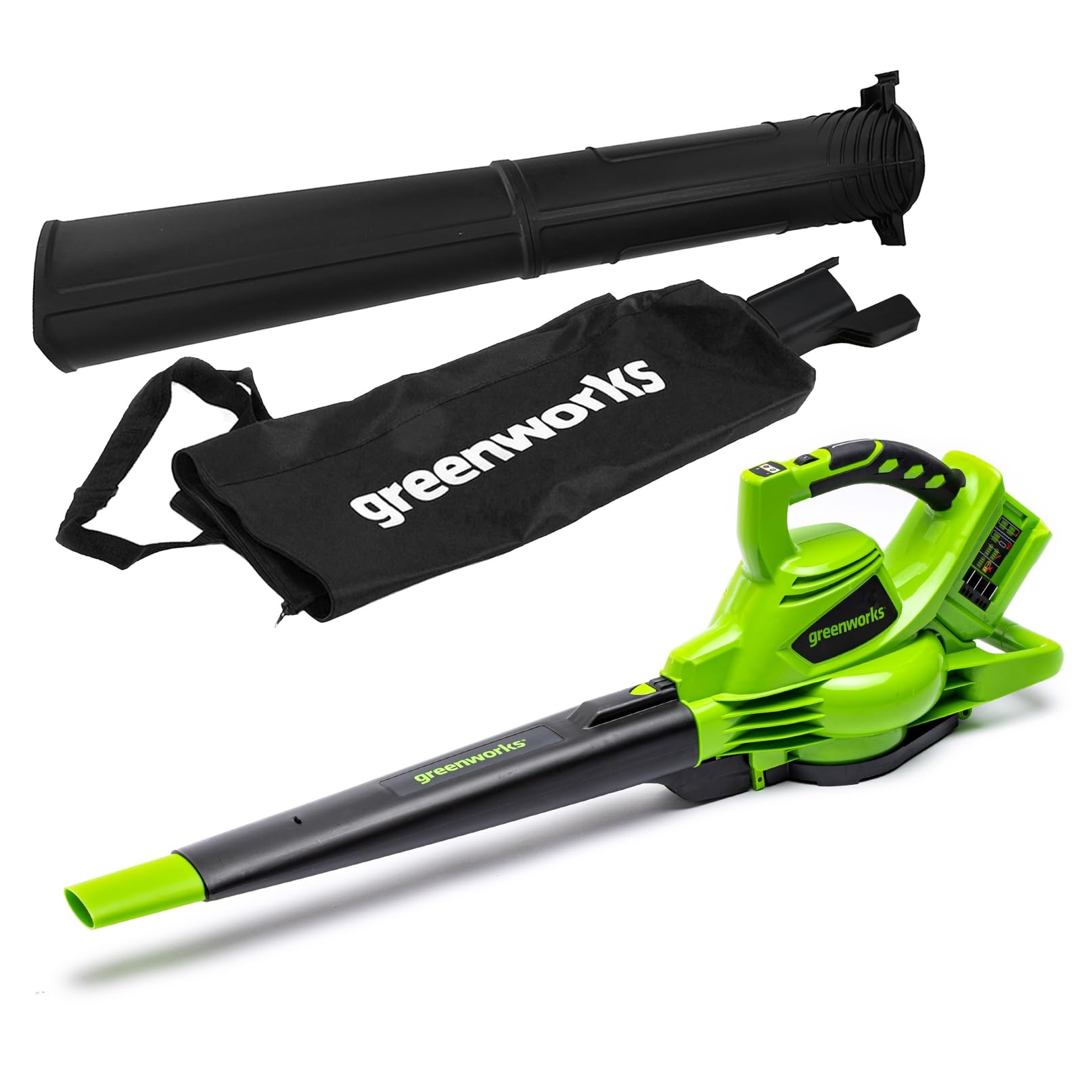 Greenworks 48V(24V x 2) Soplador Aspirador de Hojas a Batería con Correa para Hombro, Motor sin Escobillas, 322 km/h, 9m³/min Bolsa Recogedora 45L SIN Dos Baterías y Cargador Garantía 3 Años GD24X2BV