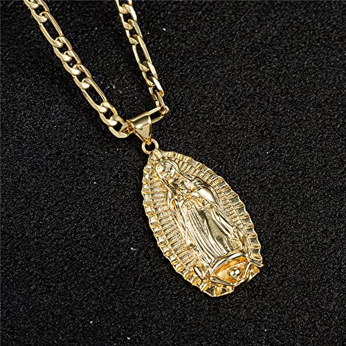 kelistom 14K Gold Plated Guadalupe Virgin Mary Oval Pendant Necklace for Women Men 3mm Flat Figaro Chain Necklace 18/22 inches3
