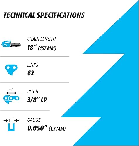 Miniatura 3 de Cadena de motosierra de 18 pulgadas, paso LP de 38", calibre de 0.050", 62 eslabones de transmisión, compatible con DEWALT DCCS672B, Craftsman,