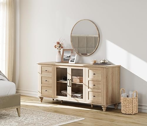 Miniatura 7 de WAMPAT Soporte de TV con puerta de vidrio para televisores de hasta 75 pulgadas, mesa consola universal de madera con 4 gabinetes de almacenamiento,