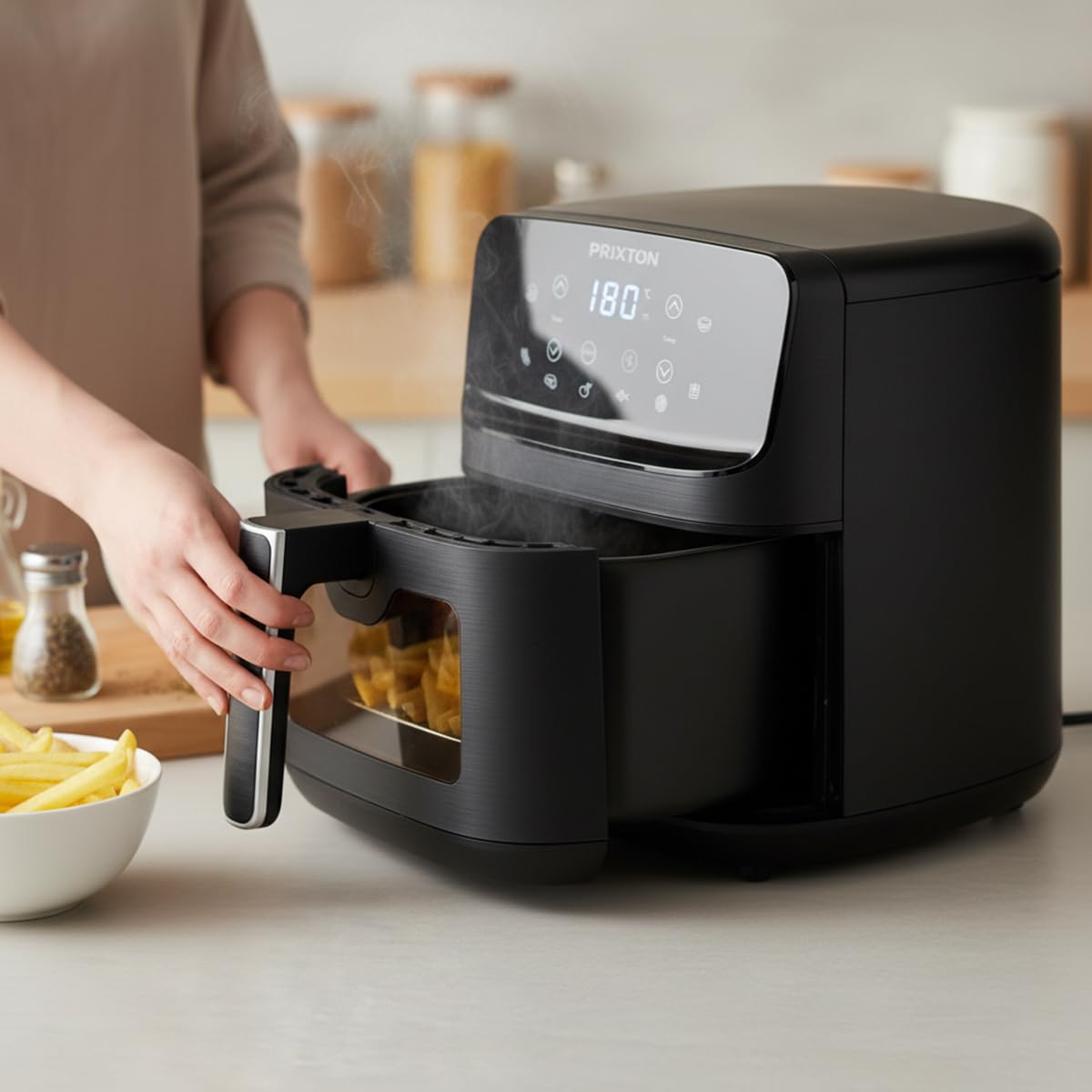 PRIXTON Freidora de Aire Cook Organics 4,2 L sin Aceite, 8 Programas, Pantalla LED Táctil, Ventana con Luz, 1500 W, Temperatura 80–200 °C, Temporizador 60 min
