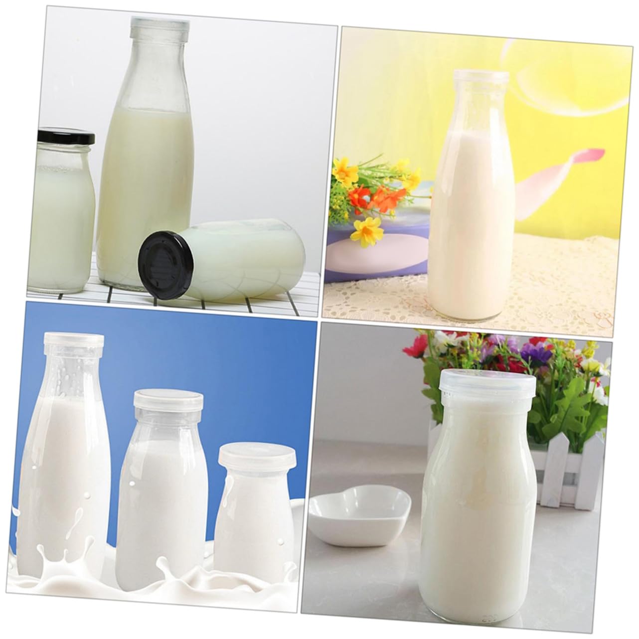 DECHOUS 4pezzi Bottiglie Di Vetro Trasparenti Per Latte Yogurt e Succhi Con Coperchio Realizzate in Vetro Resistente Di Riutilizzabili e Facili Da Pulire