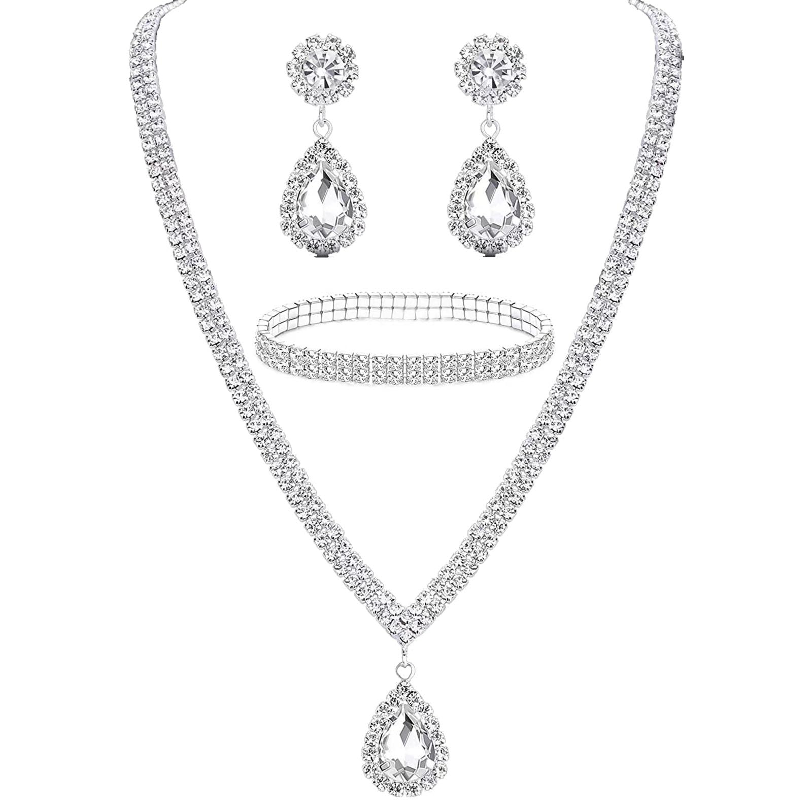AWAVMBridal Jewellery Set for Wedding Prom Costume Jewelry Set Rhinestone Crystal Choker Necklace Bracelet Drop Dangle Earrings Set for Bride Women and Girls