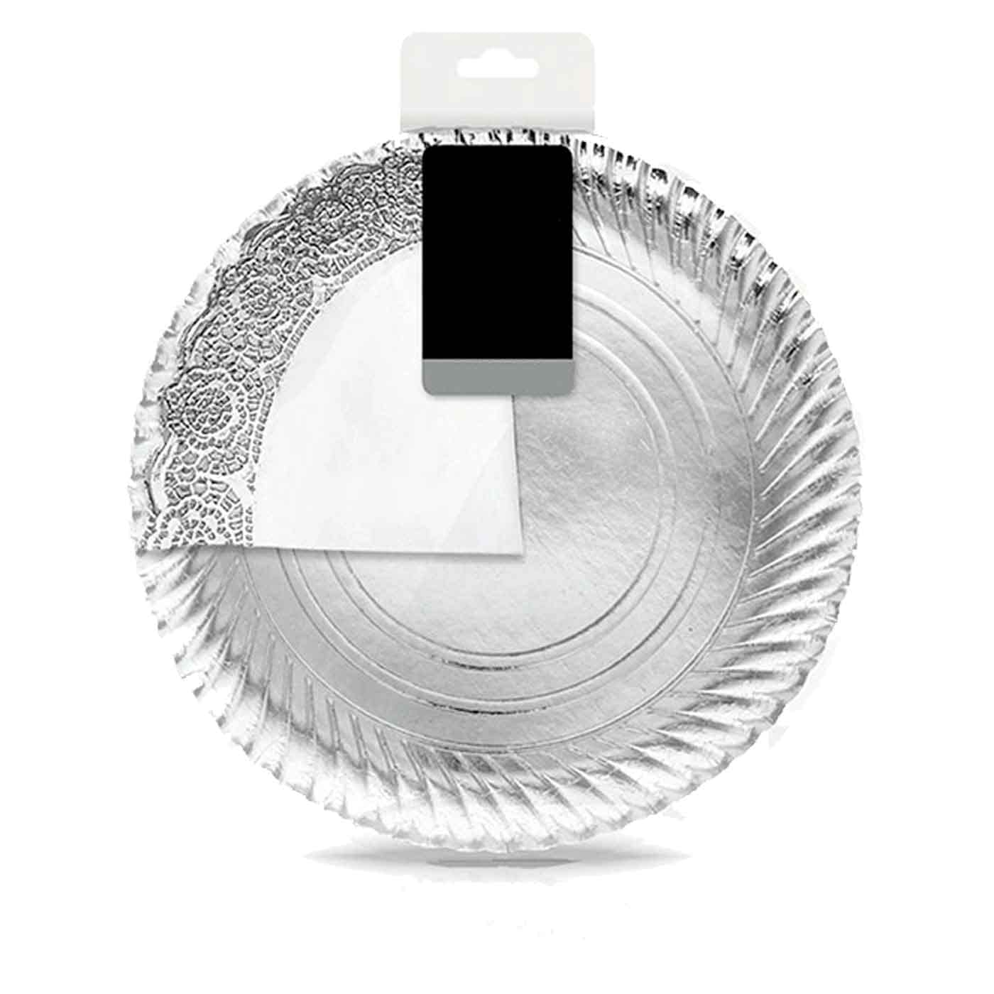 Acan Tradineur - Confezione da 24 vassoi rotondi in cartone con blonda, fontana riciclabile per torte con pizzo di carta, decorazione per feste, presentazione di dessert (argento - Ø 38 cm)