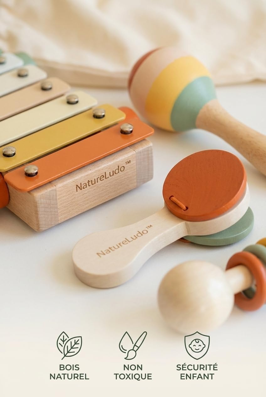 Instruments de Musique Enfant en Bois - 7 Pièces Montessori | xylophone maracas bébé - idée cadeau noël et anniversaire dès 3 ans