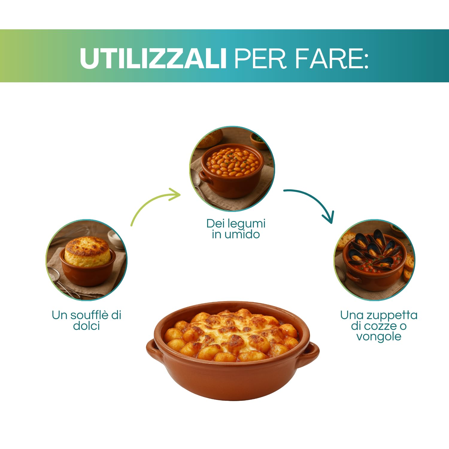 Virsus 6 Tegamini in Coccio Monoporzione, Misura 15x5 cm, Ciotole in Terracotta con maniglie, Terrine adatti al Forno, per Gnocchi, Fusilli, Lasagne, Parmigiana, Pasta al Forno, Made in Italy