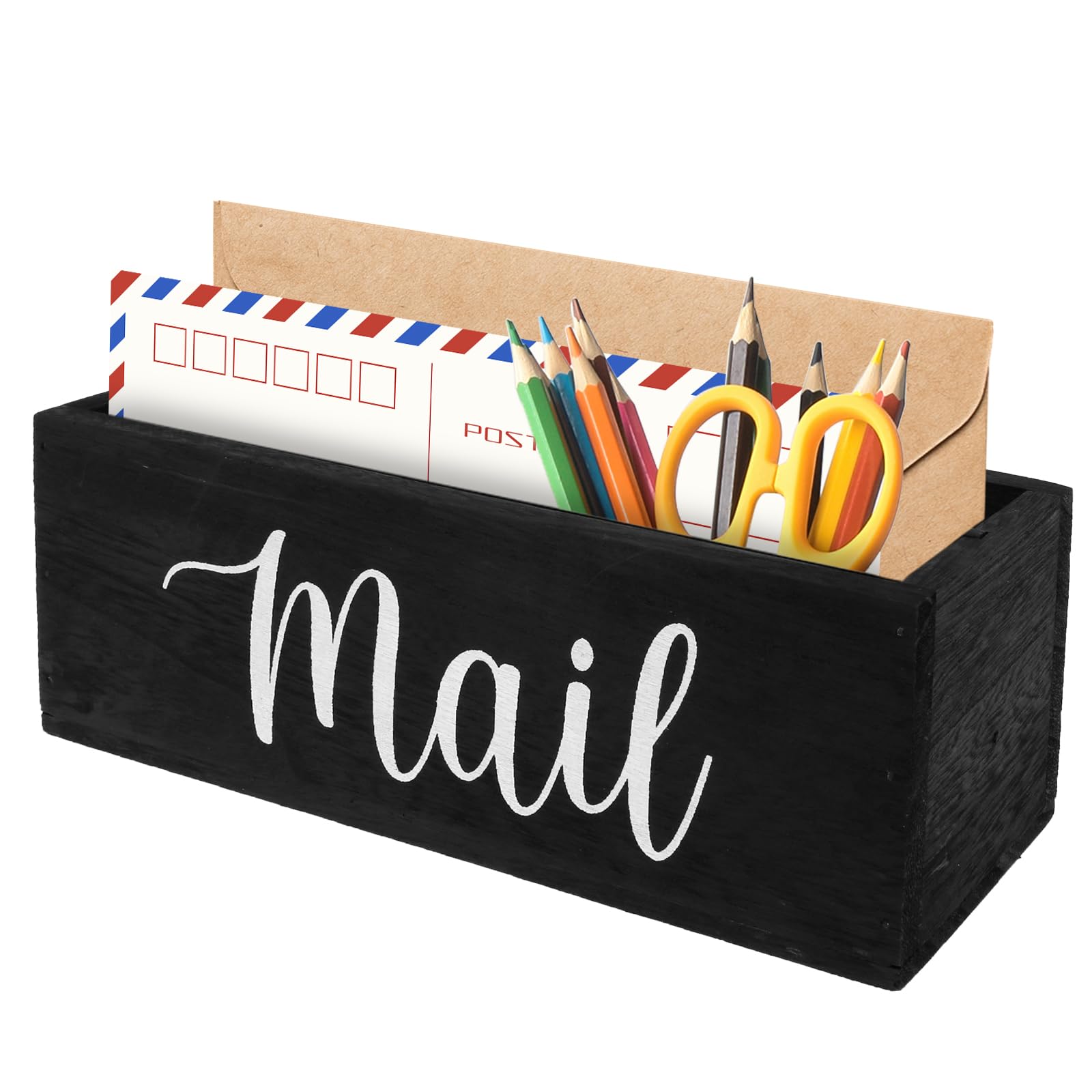 Mail Organizer Solid Tung Wood Letter Holder with 2 Slots Decorative Mail Letter Rack for Countertop Multifunctional Postcard Storage Organiser for Home Office Entryway Living Room (Black White)