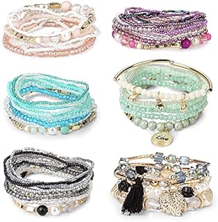 LOLIAS 6 Sets Bohemian Stackable Bead Bracelets Stretch Bracelet Coil Bracelet for Women Multilayered Bracelet Bangles Set Fashion Beads Jewelery