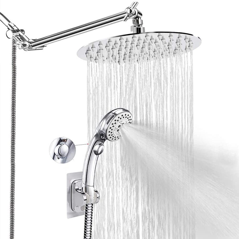 Cabezal de ducha con cabezal de ducha tipo lluvia de mano de 8 pulgadas de alta presión y rociador de spa de 5 posiciones, cabezal de ducha de lluvia redondo de acero inoxidable con soporte, brazo de