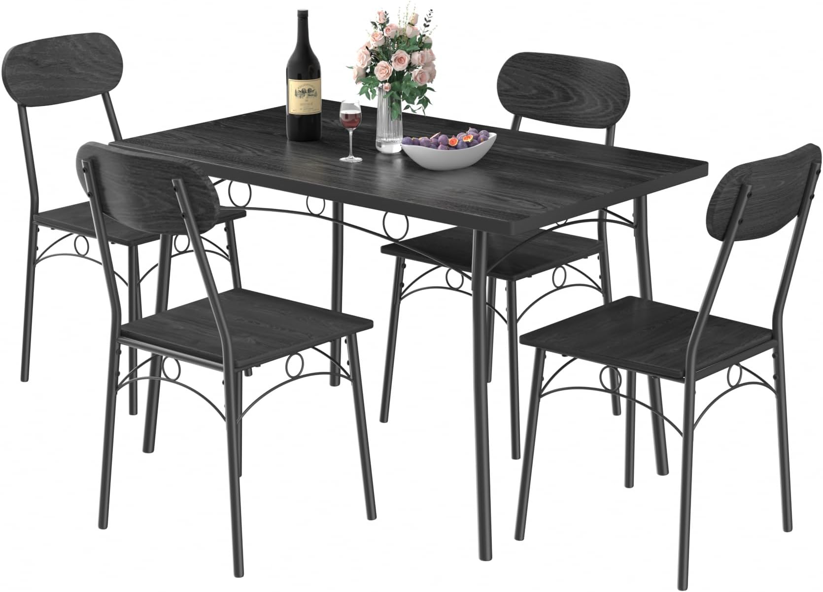 VECELO Set 5 Piece Dinette with Chairs for Kitchen, Breakfast Nook and Small Space, Black, Dining Table for 4