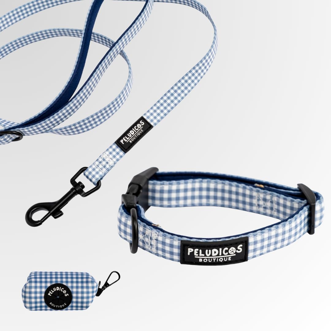 Pack Collar,Correa y Portabolsas Vaquero para Perro Ajustables de Neopreno – Diseño Vichy, Cómodos y Resistentes – 4 Tallas