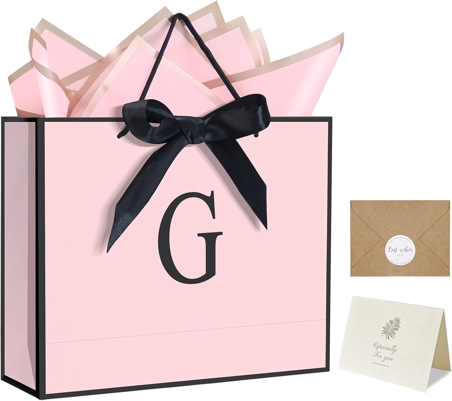 QLSKO Personalized Initial Paper Bag for Women Grils,Monogrammed Gift Bag with Bow Ribbon,Wrapping Tissue and Card Matching Envelope Sticker (Pink, G-Medium)