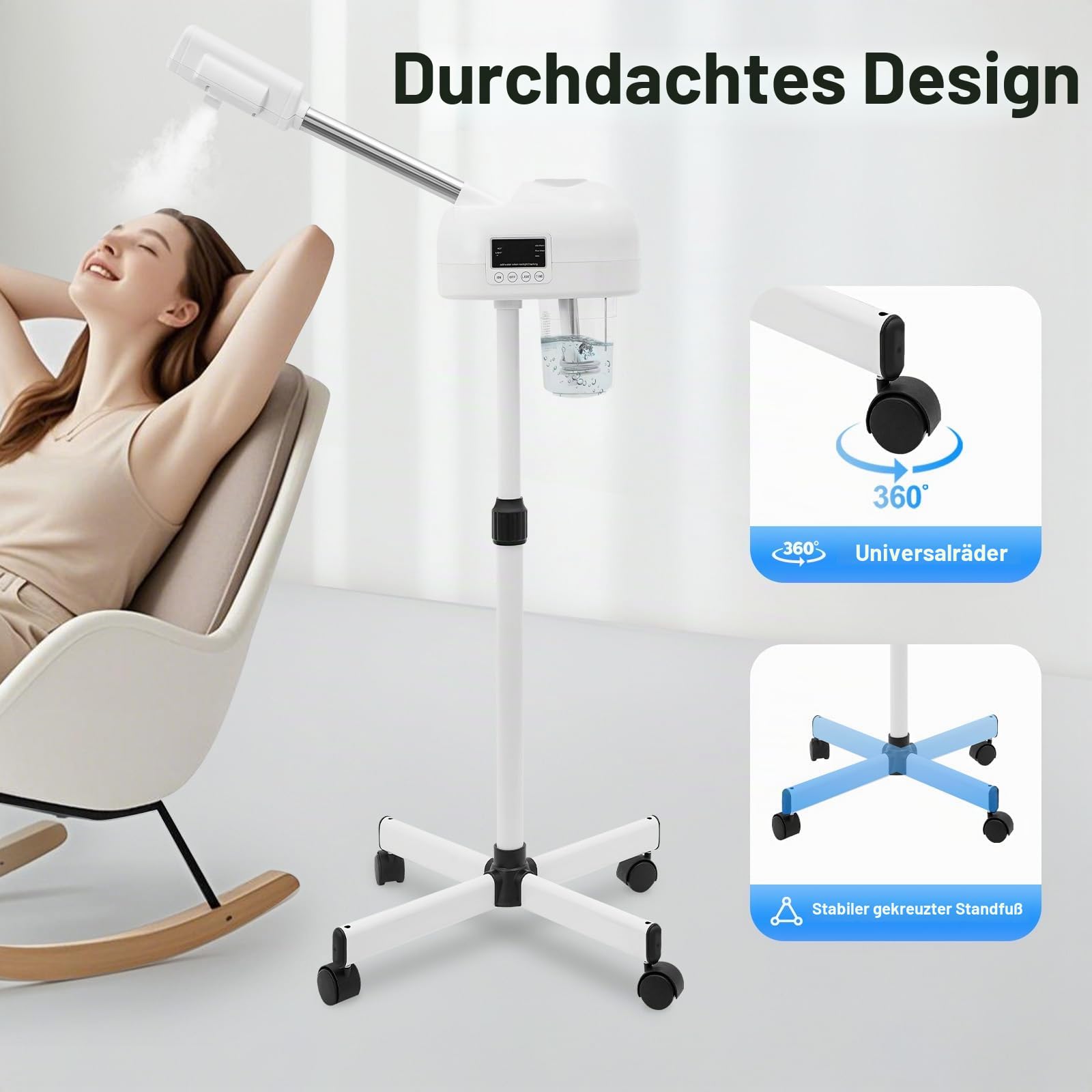 2 in 1 Gesichtsdampfer, Gesichtssauna Ozon Bedampfer mit Rollen, 360° Porenreiniger Dampf Spa Maschine für Zuhause Salon Spa