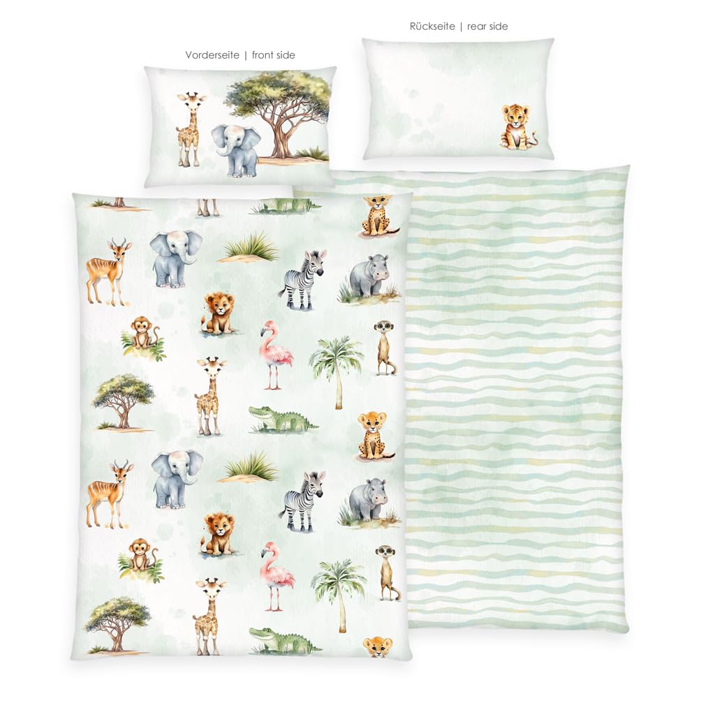 Herding Babybest Safari Flannel Bed Linen, Pillowcase Approx. 40 x 60 cm, Duvet Cover Approx. 100 x 135 cm, with Envelope Flap and Button Placket, 100% Cotton/Flannel