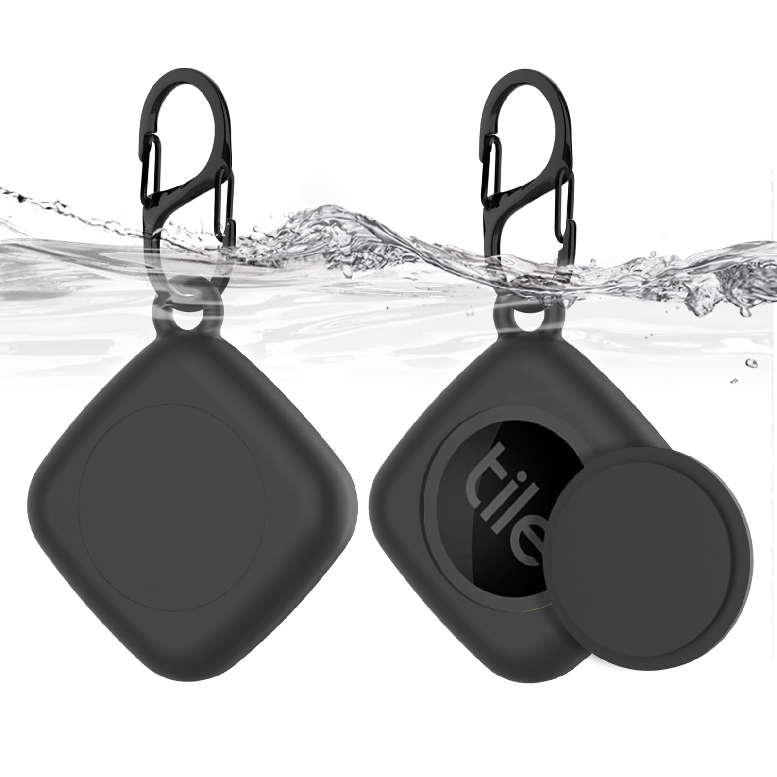 Silicone Case for Life360 Tile Tracker 2 Pack, for Tile Mate 2022 Full Body IPX8 Waterproof and Anti-Scratch Protective with Carabiner for Kids, Keys, Luggage, Cat/Dog Collar Tag (Black+Black)