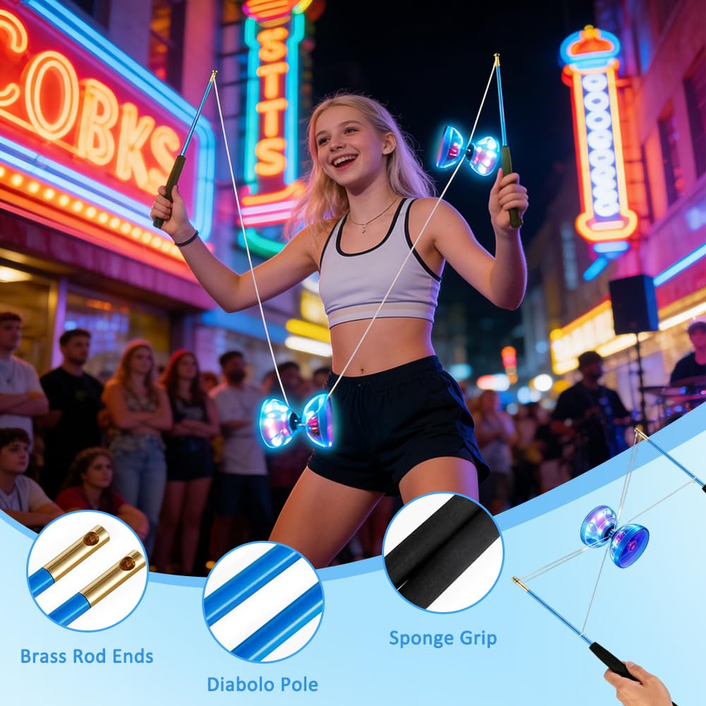 LED Diabolo mit Kugellager, LED Diabolo Freiläufer Blinkendes Dreifache, Lagerung Set mit Ersatzseil 10m, Profi-Stange, Netzbeutel, Licht D-iabolo für Kinder, Erwachsene, Anfänger und Profis