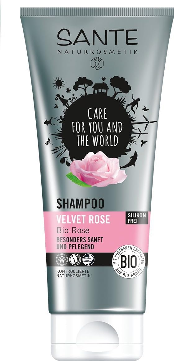 Sante Naturkosmetik Velvet Rose Shampoo Extra Gentle and Nourishing for Any Hair Type, Daily Care 2 x 200 ml Double Pack