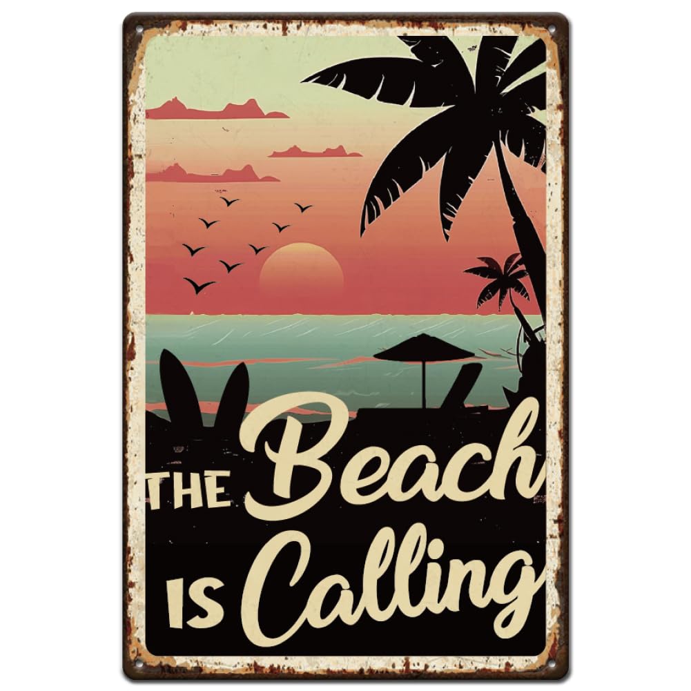 rayprint the Beach is Calling Tin Signs Hanging Metal Posters Vintage Metal Home Wall Decoration for Bars Cafe Pubs Restroom Bedroom 20x30cm 8"x12"