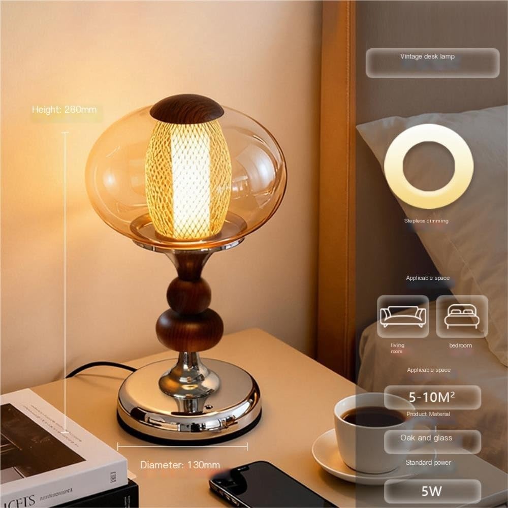 Lampada vintage in legno, luce notturna da comodino touch | Base in legno massello, paralume in vetro, controllo touch, metà secolo, luce notturna