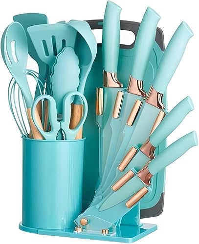 Juego de utensilios de cocina de 19 piezas, utensilios de cocina de silicona, juego de cuchillos, tabla de cortar, soporte para utensilios, azul
