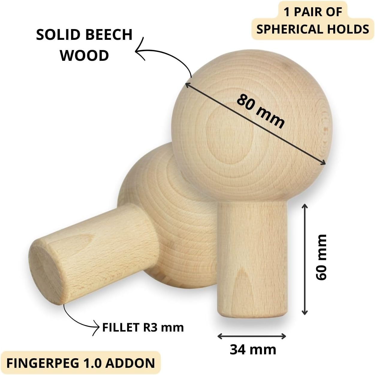 Ball Grips for FingerPeg 1.0 - One Pair of Spherical Climbing Grips for Pegboard - Wooden Sphere Bars Φ76 mm - FingerPeg 1.0 Expansion Grips for Training The Pinch Grip