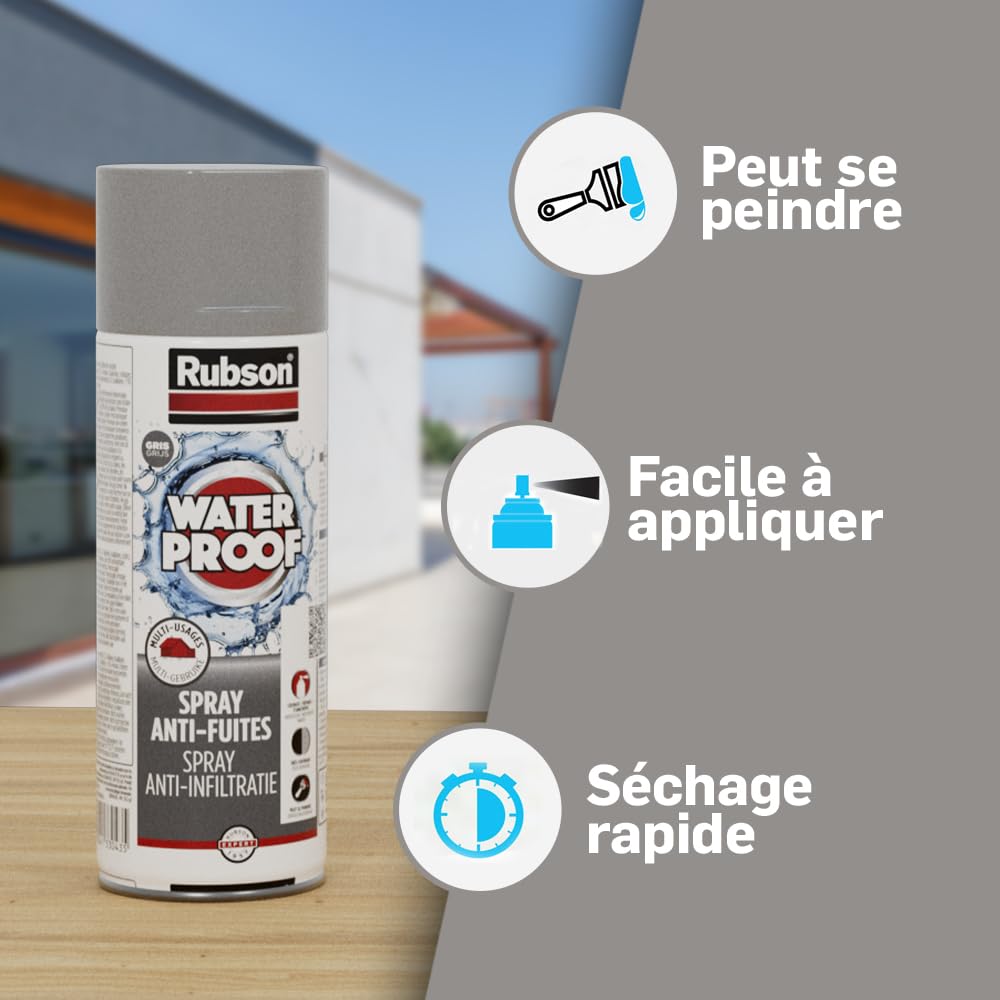 Rubson – Aquablock Revêtement d'Étanchéité en Spray Gris 300 ml, spray d'étanchéité pour colmater fuites et fissures, caoutchouc liquide pour réparations séchage rapide
