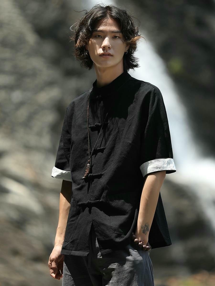 Men's Retro Chinese Style Tang Suit Linen Cotton Stand Collar 3/4 Sleeve Shirt