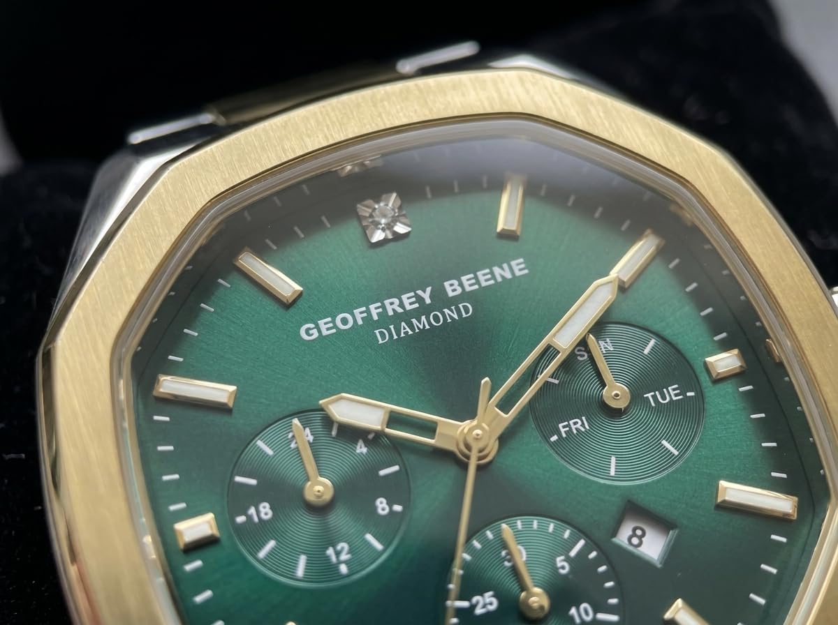 Geoffrey Beene Orologio da uomo in metallo, quadrante con diamanti autentici, al quarzo, datario, design elegante (argento)