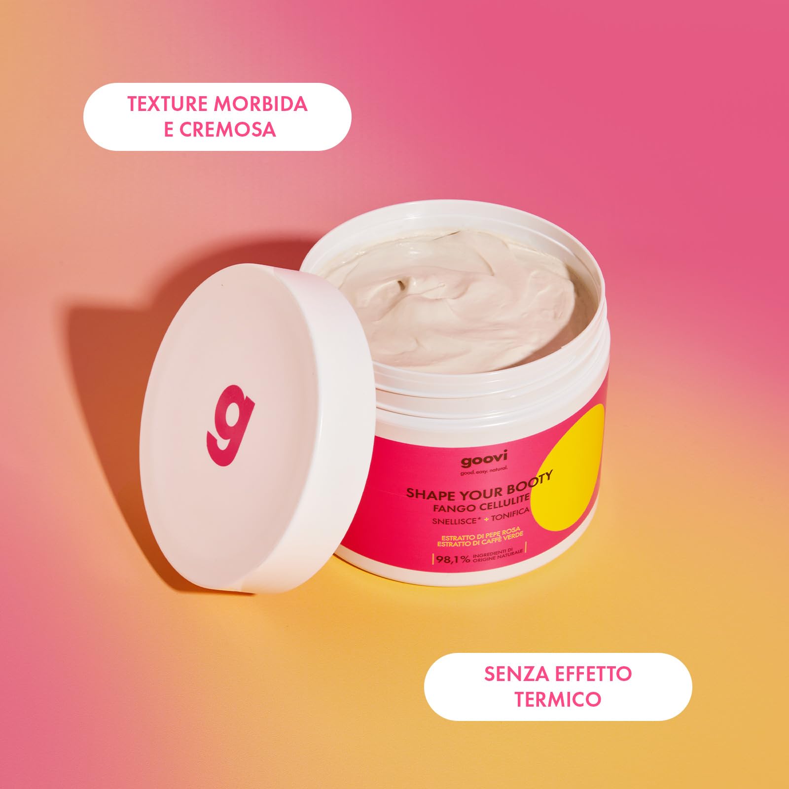 Goovi, Shape Your Booty, Fango Snellente e Tonificante con Estratto di Pepe Rosa, Senza Effetto Termico, Stimola la Microcircolazione Cutanea e Rimodella la Silhouette, 500ml