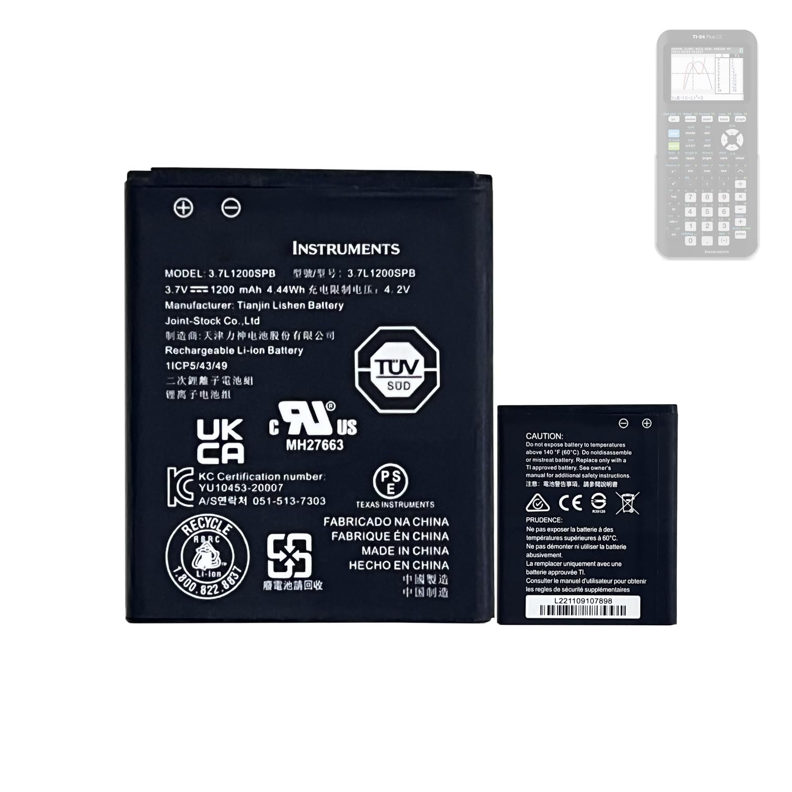 Batterie de rechange 3.7L1200SPB compatible avec Texas Instruments TI-Nspire CX, TI-84 CE, TI-84 Plus CE