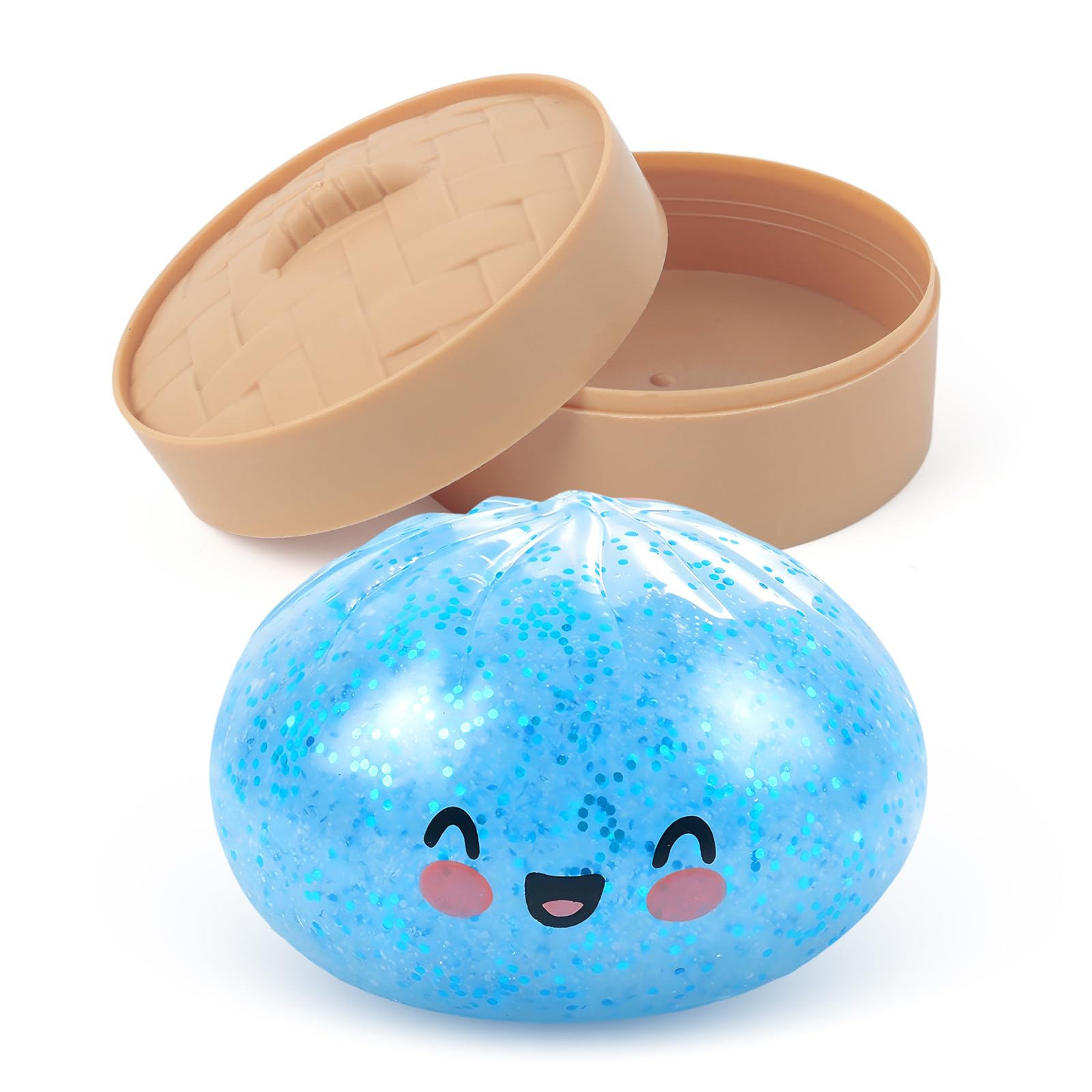 Glitter Dumpling Squishy with Steamer, Squishy Dumplings Sensory Fidget Toy, Squeeze Toys for Relaxation, Light Blue, 9 x 9 cm